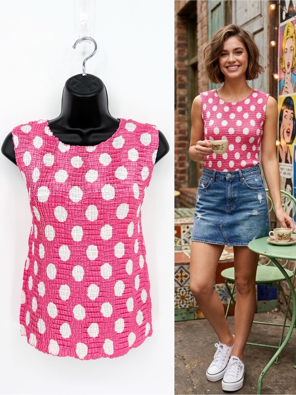 Plissé Pink White Polka Dot Crinkle Popcorn Stretch Tank Y2K Medium